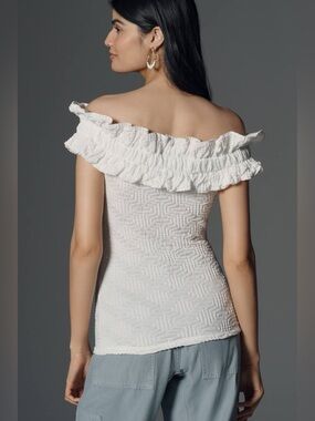 Anthropologie Maeve Off Shoulder Ruffle White Short Sleeve Smocked Top Medium